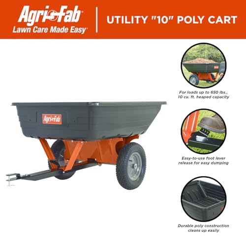 Tow Behind Agri-Fab 45-0533 650 lbs Poly Dump Cart, 10 CU. FT.; Lawn & Garden Trailer for Lawn Mowers, 16" Pneumatics Tires, Easy to Use Foot Pedal Dumping Lever