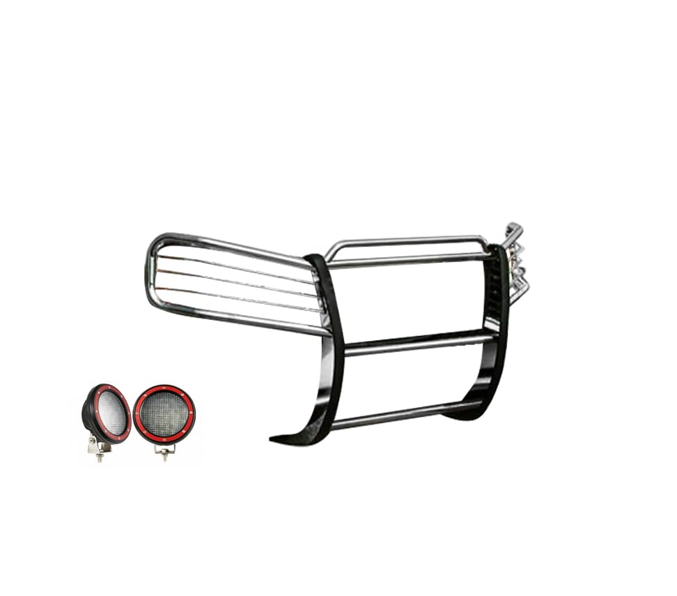 Bumper Guard Black Horse Grille Brush Modular Stainless Steel Come with Pair of 5.3" Dia.LED Lights with Red Trim Rings Compatible with 2002-2009 GMC Envoy-17GD26MSS-PLFR