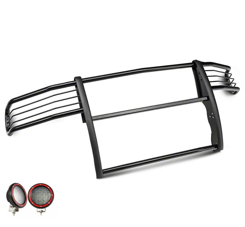 Grille Brush Black Horse Bumper Guard Modular Come with Pair of 5.3" LED Lights with Red Trim Rings Compatible with 2003-2005 Dodge Ram 1500/2500/3500-17DG105MA-PLFR