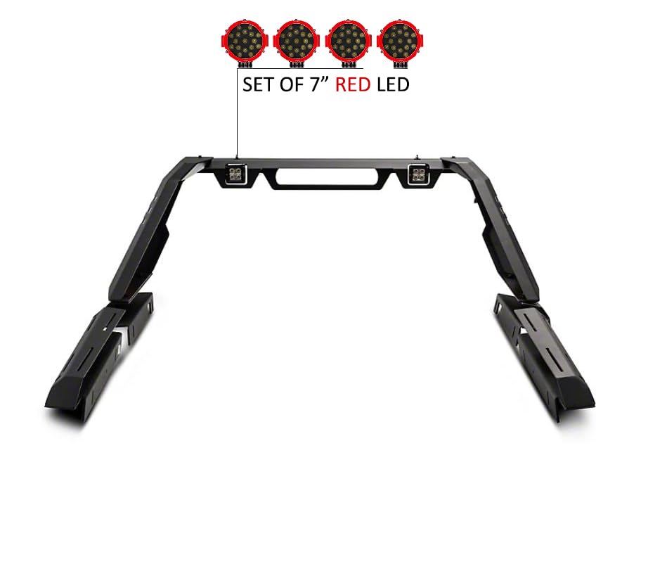 Vigor Black Horse Roll Bar Incl. Pair of 7.0" Dia. LED Lights w/Red Trim Rings Modular Black Compatible with 2020-2024 Jeep Gladiator-VIRB09B-PLR