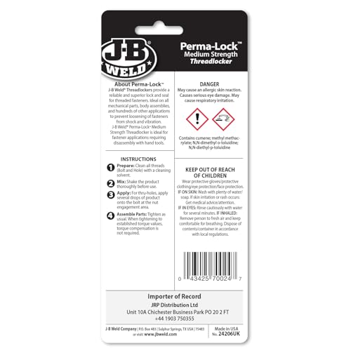 J-B Weld 24206 Blue Perma-Lock Medium Strength Threadlocker - 6 ml