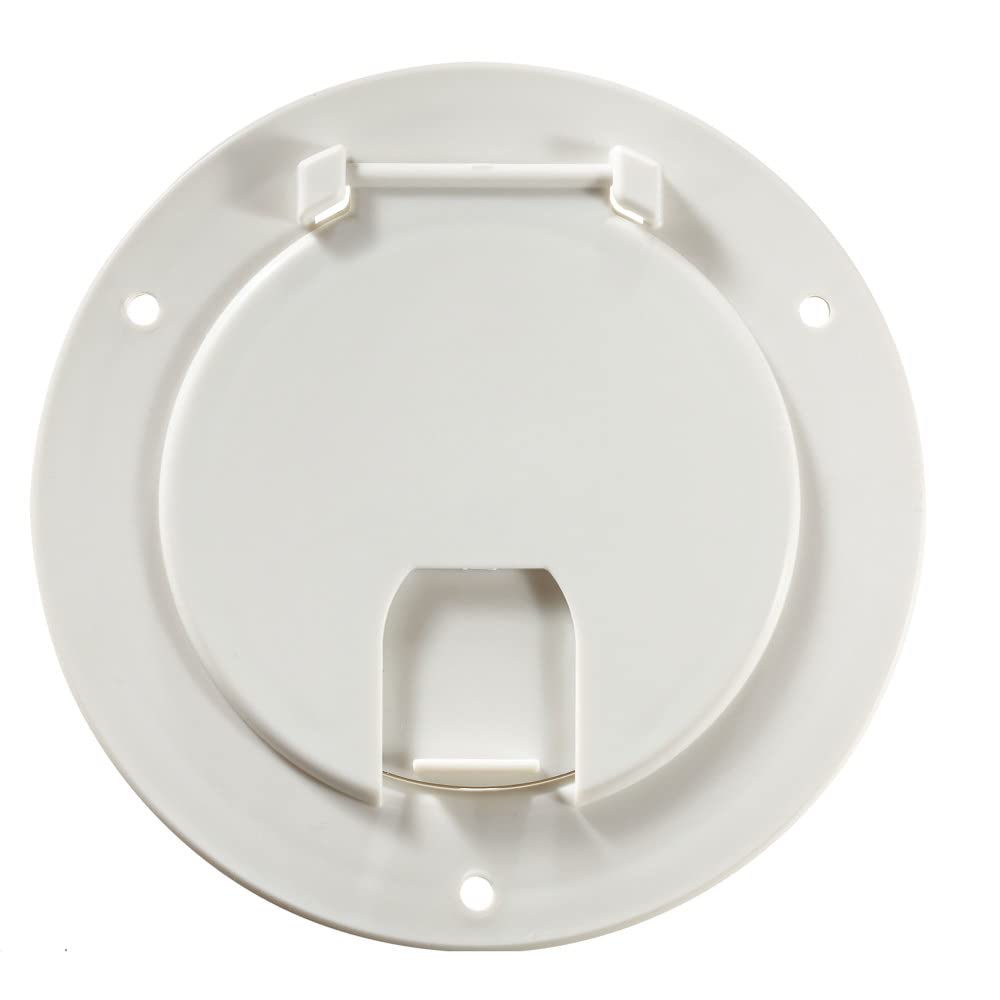 Round RV Designer B110, Electrical Cable Hatch, Deluxe, Replaceable Lid, 5.2 inch Diameter, Polar White