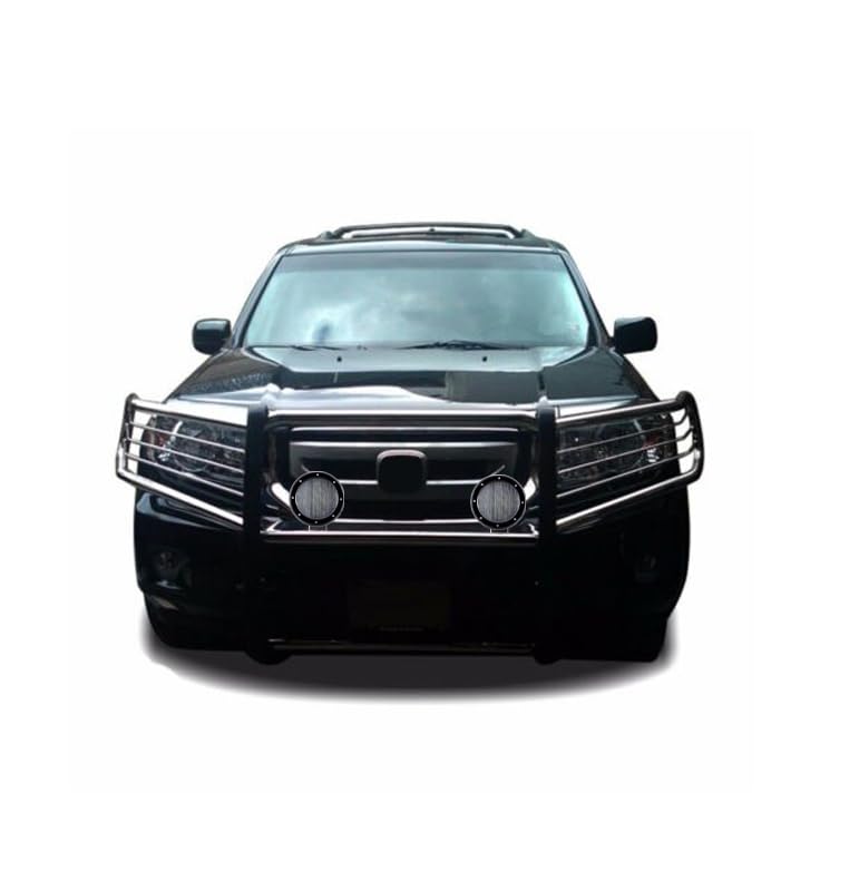 Bumper Guard Black Horse Grille brush Modular Stainless Steel Come with Pair of 5.3" Dia.LED Lights with Black Trim Rings Compatible with 2016-2022 Honda Pilot-17H151402MSS-PLFB