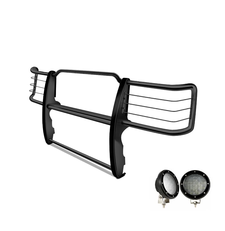 Grille Brush Black Horse Bumper Guard Modular Come with Pair of 5.3" Dia.LED Lights with Black Trim Rings Compatible with 2011-2014 Silverado 2500 HD|2011-2014 Silverado 3500 HD-17GT26MA-PLFB