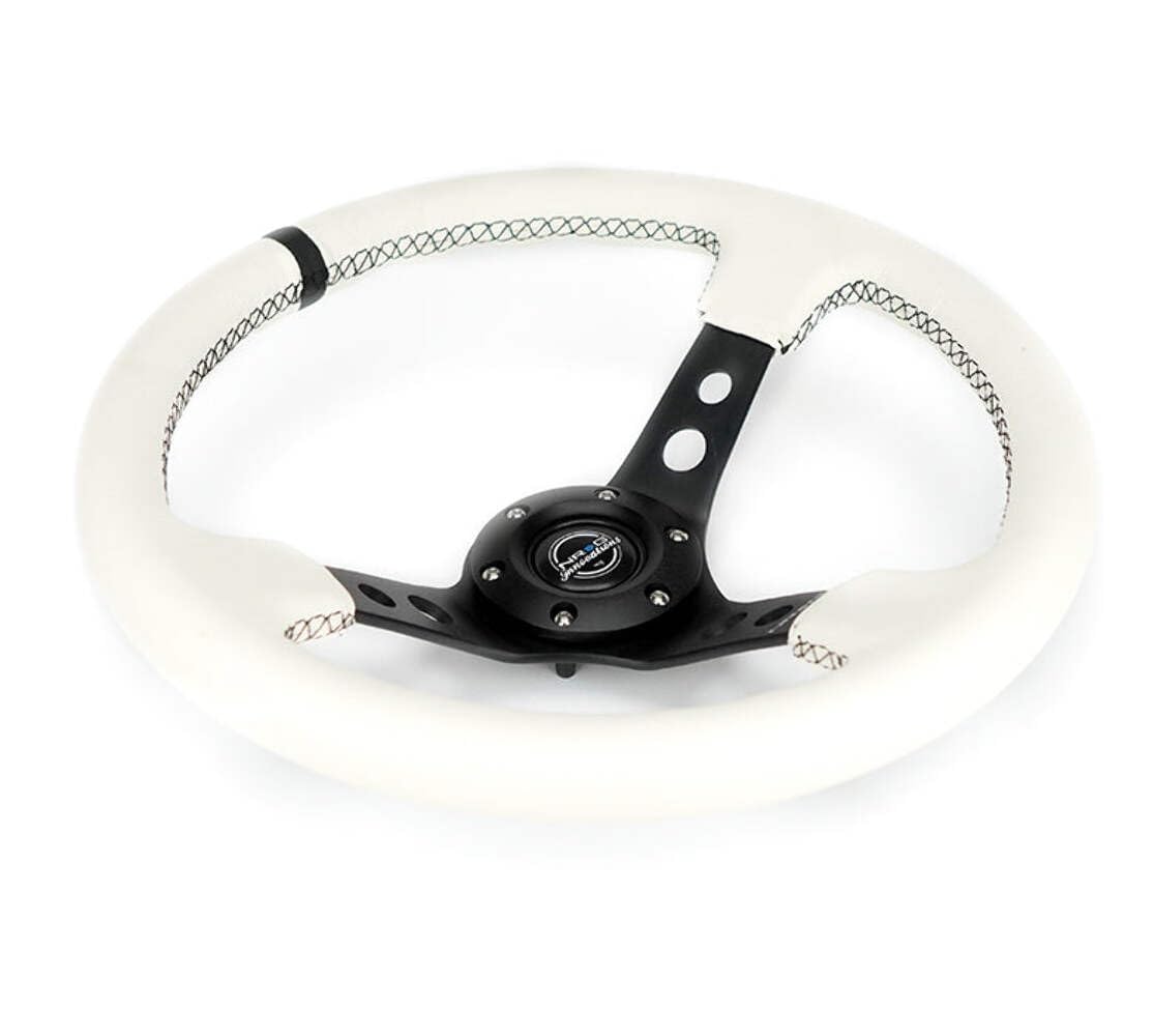 NRG Innovations Reinforced Steering Wheel NRG-RST-006BK-WT-B 350mm Sport Steering Wheel (3" Deep), Black Spoke with Round holes, White Leather, White Stripes