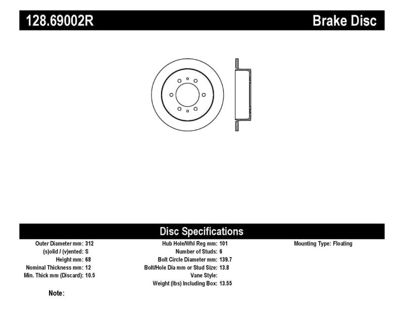 Rear Right StopTech 128.69002R Sport Cross Drilled Brake Rotor