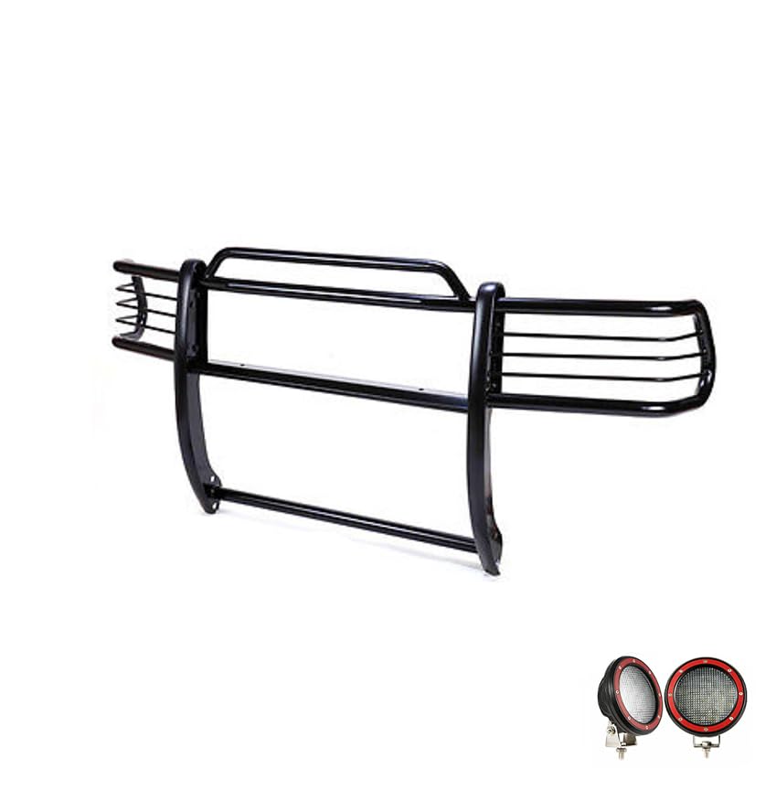 Bumper Guard Black Horse Grille Brush Modular Black Come with Pair of 5.3" Dia.LED Lights with Red Trim Rings Compatible with 1997-2004 Dodge Dakota|2000-2003 Dodge Durango-17BH23MA-PLFR