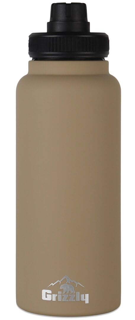 30oz Grizzly Water Bottle | Vacuum Insulated | Leak Resistant Lid | Stainless Steel | For Gym Hiking Beach Sports Camping | Desert Sand