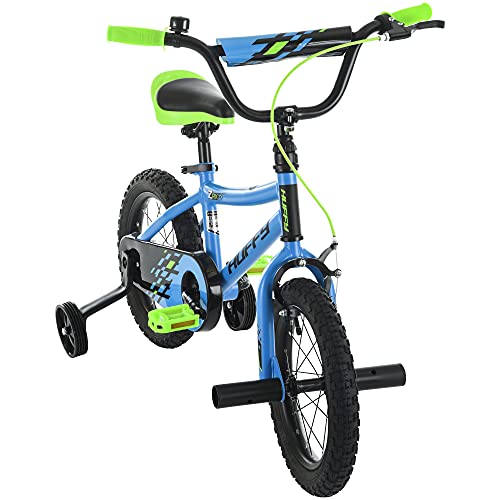 Huffy 14” Kid’s BMX Bike ZRX with Pegs, Training Wheels, Handlebar Bell, Blue and Green