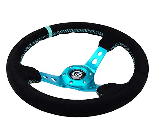 NRG Innovations Reinforced NRG-RST-006S-TL Steering Wheel - 350MM Sport Steering Wheel (3" Deep) - Black Suede Teal Center Mark with Teal Stitching and Teal Center spoke