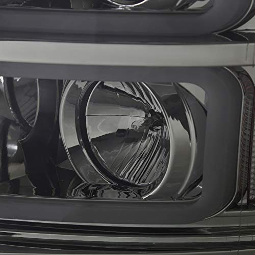 Spec-D Tuning Projector Headlights LED Light Bar Smoke Lens Compatible with 2007-2013 Chevy Silverado 1500, 2007-2014 Chevy Silverado 2500HD / 3500HD, Left + Right Pair Headlamps Assembly
