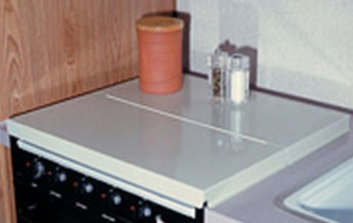 Camco Stove Top Cover/RV Camper | Features Hinged Design for Easy Access to Front Burners & Fits Most 3 or 4 Burner RV/Boat Stoves | Crafted of 20-Gauge Steel w/Powder-Coated Finish | White (43557)