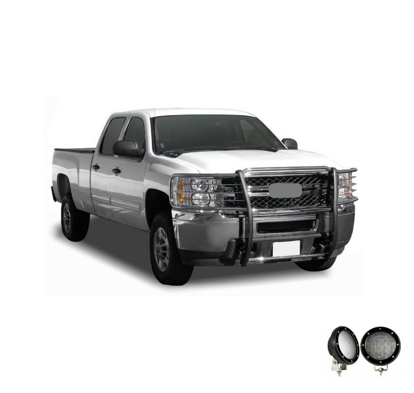 Grille Brush Black Horse Bumper Guard Modular Stainless Steel Come with Pair of 5.3" Dia.LED Lights with Black Trim Rings Compatible with 2007-2013 Chevrolet Silverado 1500-17A035700A2MSS-PLFB