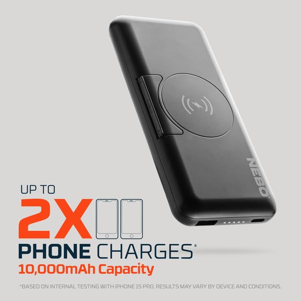 10K NEBO Wireless 10000mAh Power Bank | 37Wh Capacity, 2-Way Output Charging, Durable USB & USB-C Ports, Compatible with iPhone & Android, Built-in Kickstand, TSA Approved Travel Essential