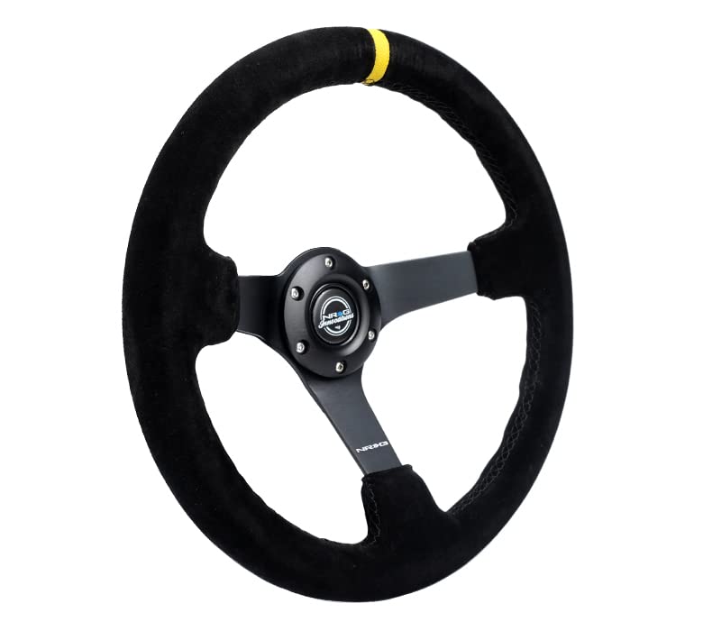 NRG Innovations Reinforced NRG-RST-036MB-S-Y Steering Wheel - 3" Deep, 5mm Matte Black Spoke, 350mm Sport Steering Wheel Black Suede With Black Criss Cross Stitching And Yellow Center Mark