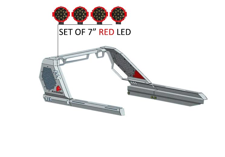 Vigor Black Horse Roll Bar Incl. Pair of 7.0" Dia. LED Lights w/Red Trim Rings Modular Black Compatible with 2005-2024 Toyota Tacoma-VIRB06B-PLR