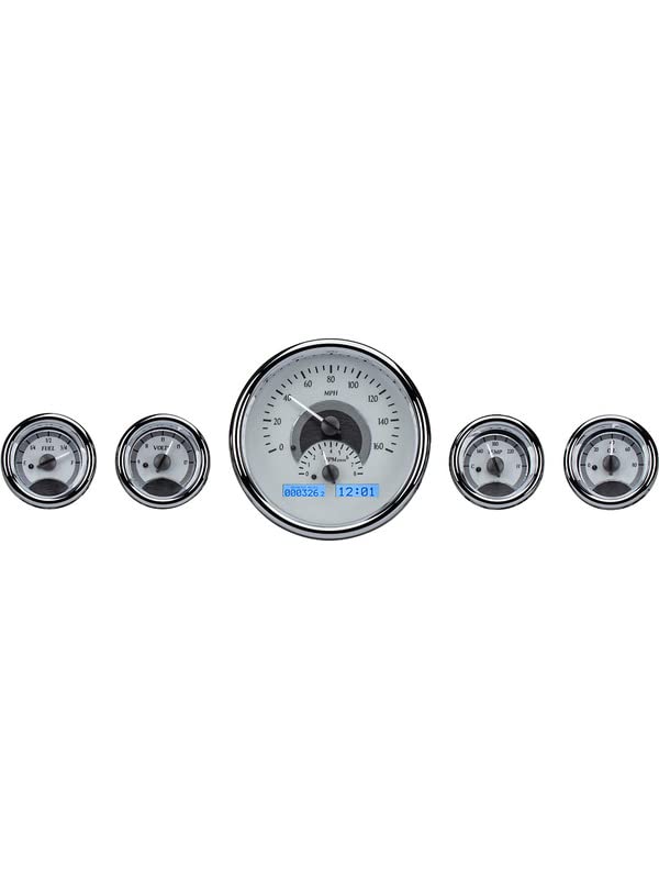 VHX-1015-S-B Dakota Digital Universal 5 Round Analog Gauge System, Silver Alloy Style, Blue Backlighting