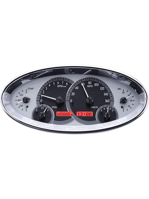 VHX-1017-S-R Dakota Digital Universal Elliptical Analog Dash Gauge System, Silver Alloy Style, Red Backlighting