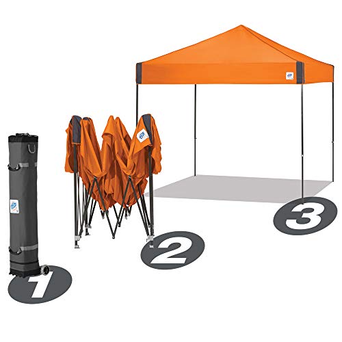 Pyramid Instant Shelter E-Z UP Canopy, 10' x 10' with Wide-Trax Roller Bag & 4 Piece Spike Set, Steel Orange