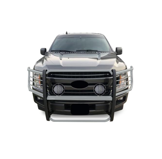 Bumper Guard Black Horse Grille Brush Modular Stainless Steel Come with Pair of 5.3" Dia.LED Lights with Black Trim Rings Compatible with 2015-2024 Ford F-150-17FP32MSS-PLFB