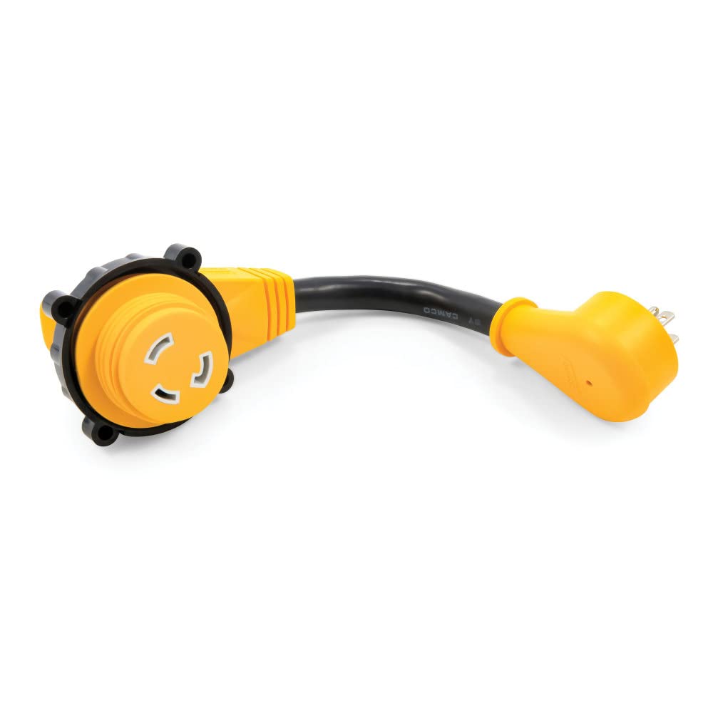 Camco 55636 12" Dogbone Power Grip with 90M/90F Locking Adapter - 15AM - 30AF, Yellow