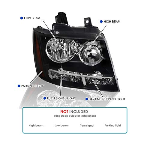 Black Headlights SPEC-D TUNING Compatible with 2007-2014 Chevy Avalanche, 2007-2014 Tahoe Suburban, L+R Pair Head Light Lamp Assembly