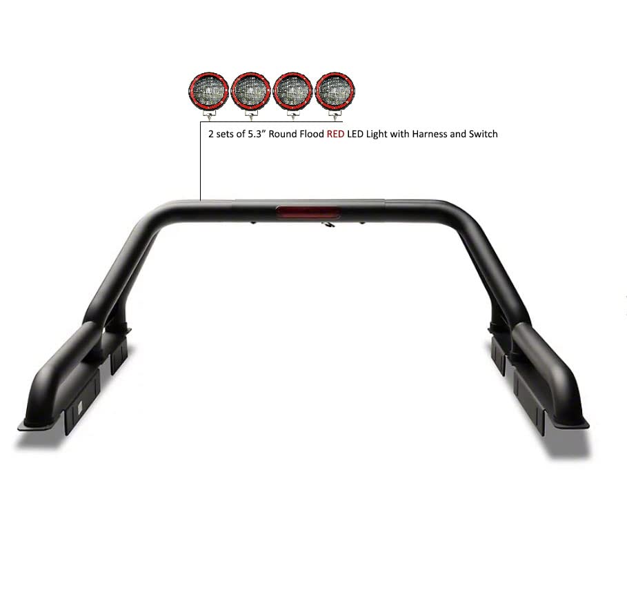 Gladiator Roll Bar Black Incl. Set of 5.3" Dia.Led Lights w/Red Trim Rings Modular Compatible with 2019-2022 Ford Ranger-GLRB-07B-PLFR