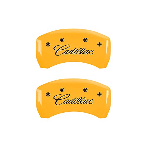 Brake Caliper Covers MGP - Compatible with 2017-2020 Cadillac XT5, 2020 XT6 (Requires 18"+ Wheels) Powder-Coated Finish, 4 PCS Front and Rear (Yellow - Cadillac Cursive Engraving)
