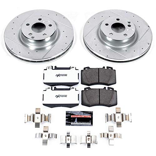 Power Stop K6601-26 Z26 Carbon Fiber Brake Pads Front with Drilled & Slotted Brake Rotors Kit and 1 Front Sensor Wire For Mercedes-Benz CLS550 2007-2011 [Model Specific]