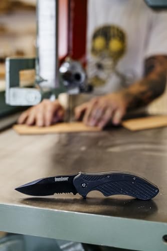 Kershaw Black Clash Serrated Pocketknife, 3" 8Cr13MoV Steel Drop Point Blade, Assisted One-Handed Flipper Opening, Folding Utility EDC