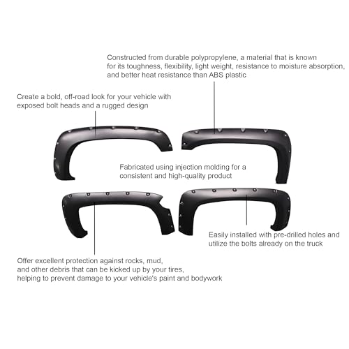 Fender Flares Black Riveted Style Black Compatible with 2003-2006 Chevrolet Silverado 1500/2500/3500 -FPSSI03