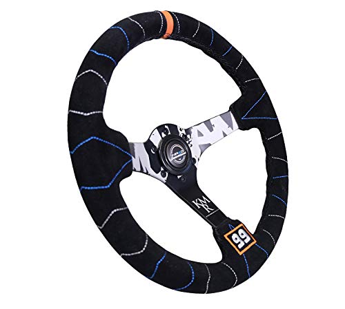 NRG Innovations Reinforced Steering Wheel NRG-RST-036MB-S-KMR - 3" Deep, 5mm Matte Black Spoke, 350mm Sport Steering Wheel Black Suede with Color Stitching