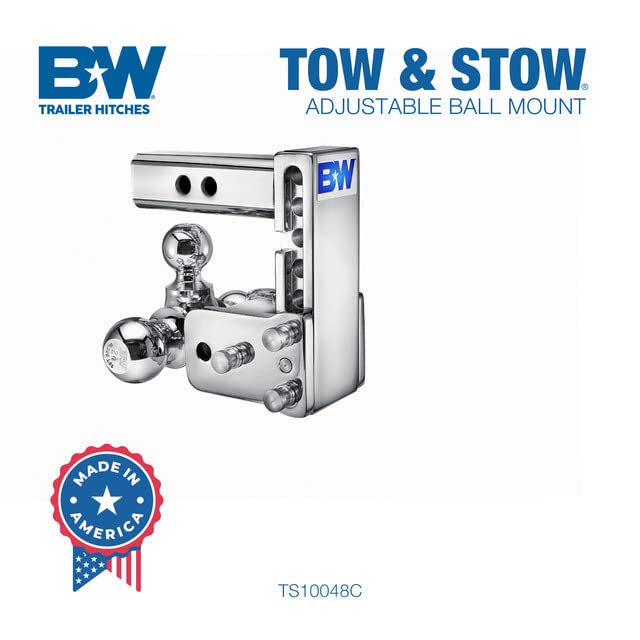 Chrome B&W Trailer Hitches Tow & Stow Adjustable Trailer Hitch Ball Mount - Fits 2" Receiver, Tri-Ball (1-7/8" x 2" x 2-5/16"), 5" Drop, 10,000 GTW - TS10048C
