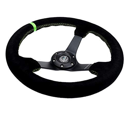 NRG Innovations Reinforced NRG-RST-036MB-S-GN Steering Wheel 3" Deep, 5mm Matte Black Spoke, 350mm, Black Suede with Neon Green Baseball Stitching/Center Mark