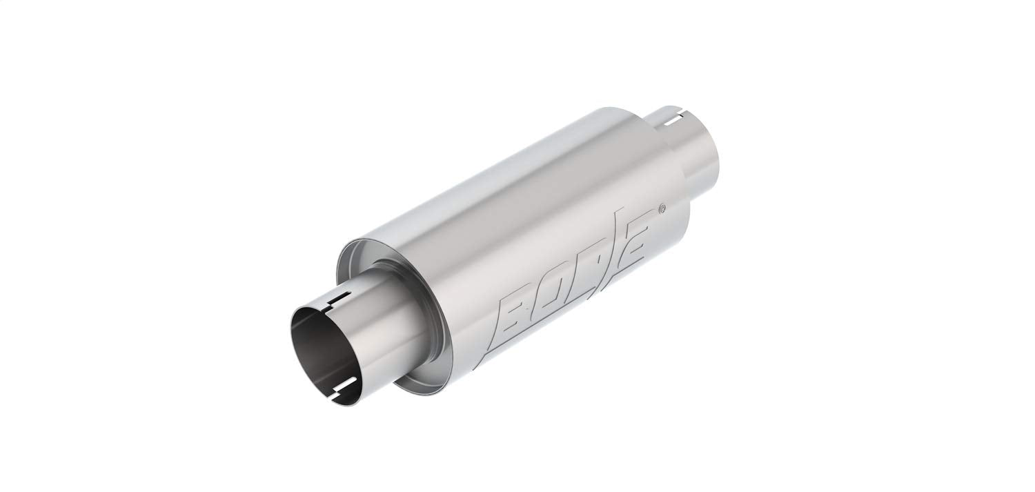 BORLA Resonator/Specialty 401343 - 3" Center Inlet/ 3" Center Outlet 5" Round x 10" Long Body 15" Overall Length. Universal Part. Reversible Design. Notched Necks.