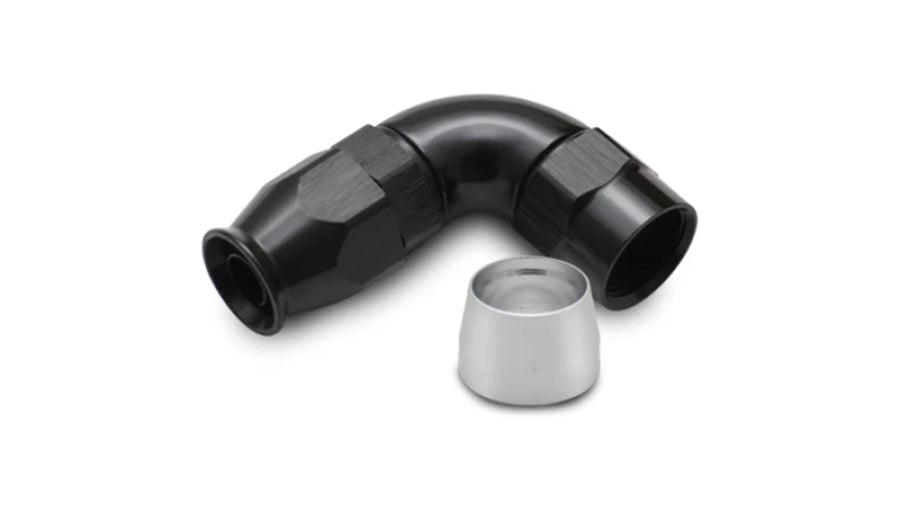 28904 Vibrant Power Fitting, Hose End, Full Flow, PTFE, 90 Degree, Reusable, 4AN Hose, 4AN Female Thread, Aluminum, Black Anodized, use with Vibrant 18000 series PTFE Lined Flex Hose, each