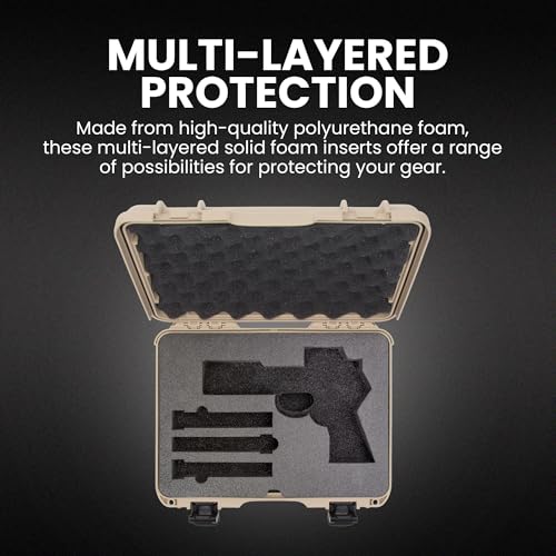 Hard NANUK 910 Optic Ready Pistol Case with Custom Foam Insert, IP67 Waterproof & Crushproof, Rugged Construction for Ultimate Protection, Made in Canada – Tan (14.3” x 11.1” x 4.7”)