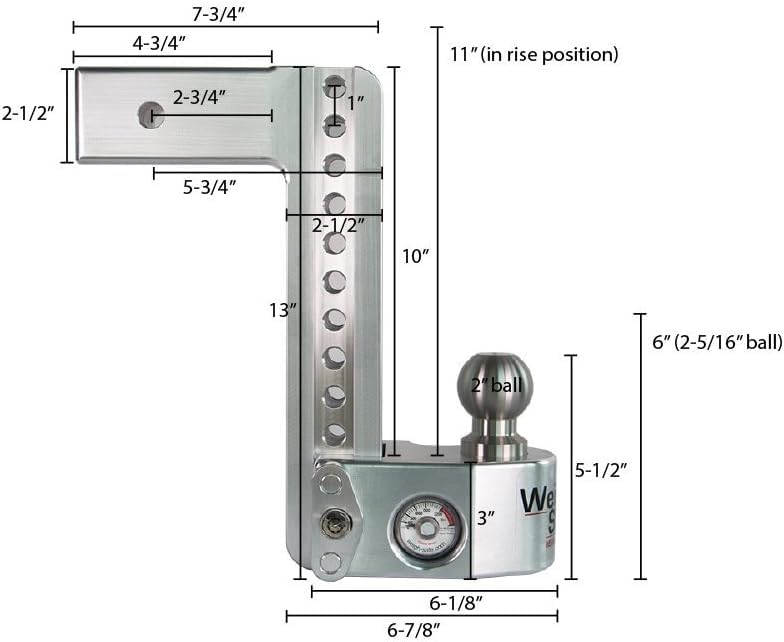 Weigh Safe Adjustable Aluminum Trailer Hitch - Towing Hitch with Built-In Tongue Weight Scale - Compatible with 2.5" Receivers - 10" Drop, Stainless Steel Tow Balls, 18,500 GTW, 2-Piece Lock Set