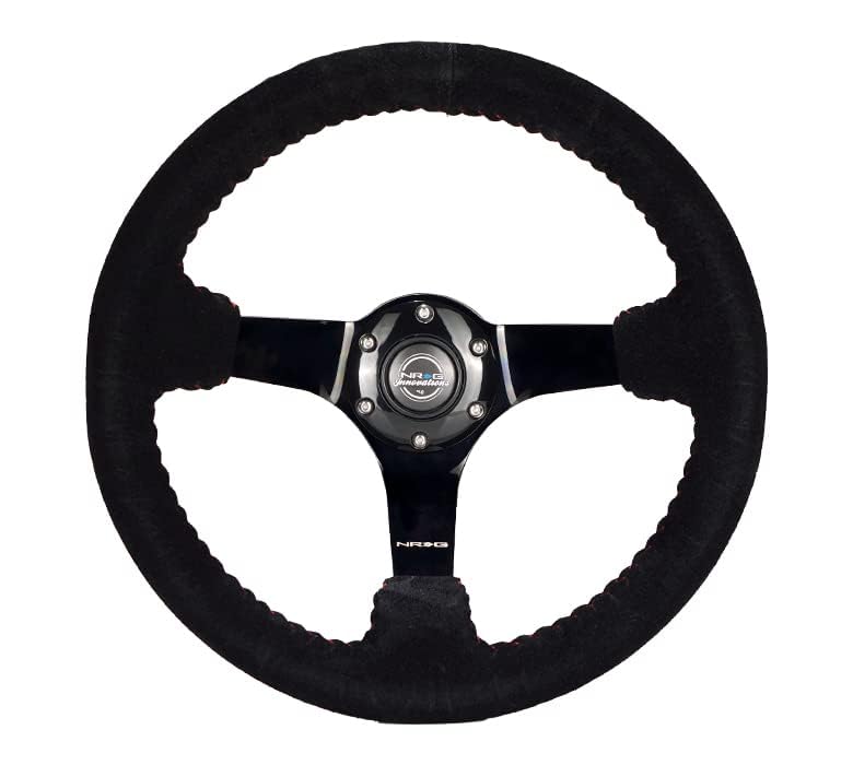 NRG Innovations Reinforced NRG-RST-033BK-S Steering Wheel 330mm Diameter Sport Suede Racing (3" Deep) Comfort Grip, 4mm Matte Black Spoke With Criss Cross Stitching, Perforated Leather Or Suede