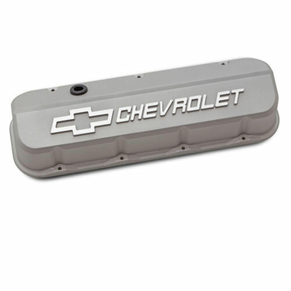 Proform Slant-Edge Valve Cover, Tall, Baffled, Breather Hole, Raised Chevrolet Logo, Aluminum, Gray Crinkle Powder Coat