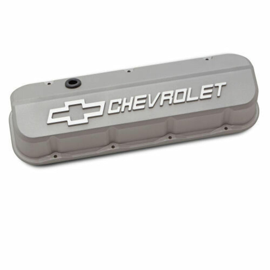 Proform Slant-Edge Valve Cover, Tall, Baffled, Breather Hole, Raised Chevrolet Logo, Aluminum, Gray Crinkle Powder Coat
