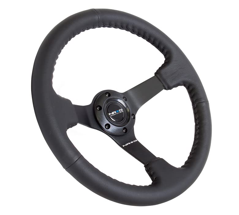 NRG Innovations Reinforced Steering Wheel- RACE STYLE NRG-RST-036MB-R 350mm Sport Steering Wheel (3' Deep) Black Leather With Black Baseball Stitching - Matte Black Spoke