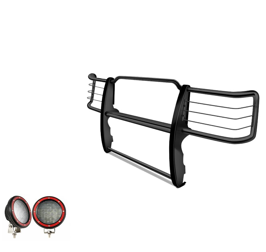 Grille Brush Black Horse Bumper Guard Modular Come with Pair of 5.3" Dia.LED Lights with Red Trim Rings Compatible with 1995-2001 Ford Explorer|1997-2001 Mercury Mountaineer-17F80218MA-PLFR