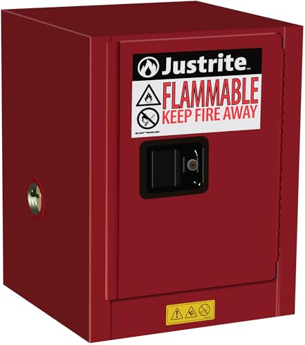 Justrite 4 Gallon Flammable Storage Cabinet Manual Close Countertop, 18 Gauge Steel, 1 Shelf, 1 Door Fire Cabinet, 22" x 17" x 17", Made in The USA, Red, 890401