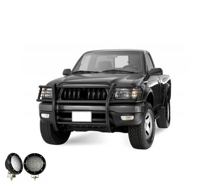 Bumper Guard Black Horse Grille brush Modular Come with Pair of 5.3" Dia.LED Lights with Black Trim Rings Compatible with 2001-2004 Toyota Tacoma-17TO23MA-PLFB