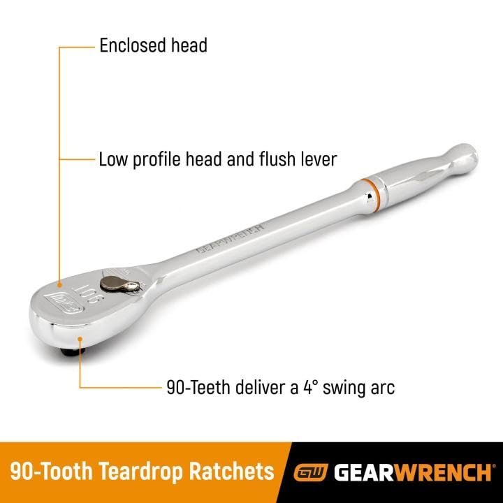 GEARWRENCH 90 Tooth 1/2" Drive Long Handle Teardrop Ratchet 15" - 81360T, Multi, One Size