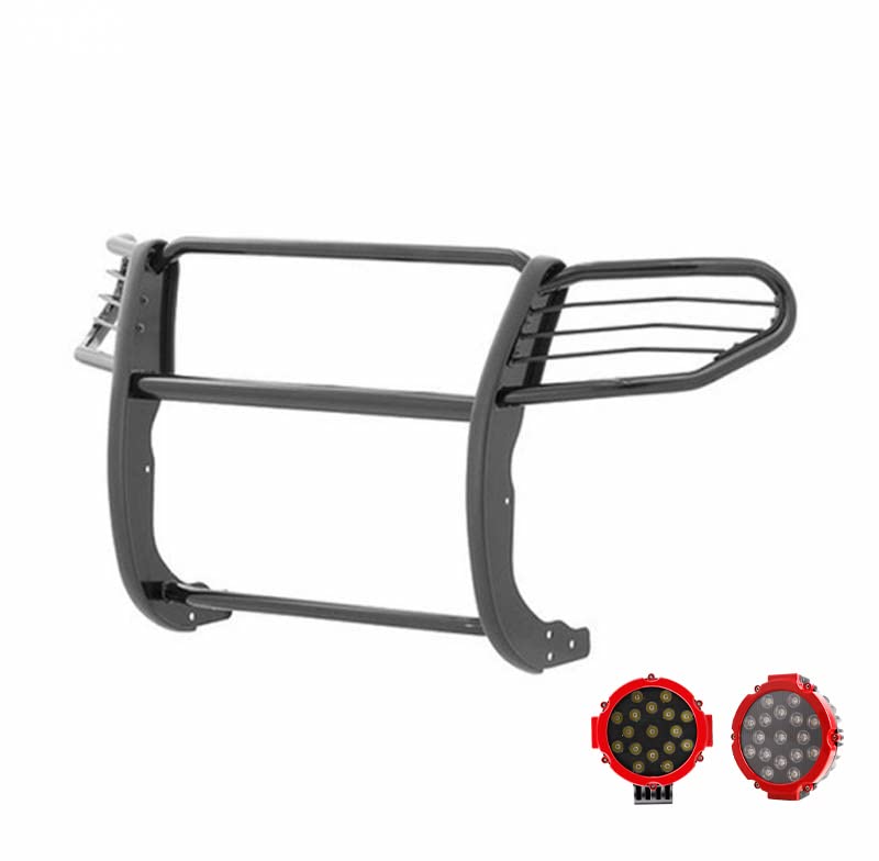 Bumper Guard Black Horse Grille brush Modular Semi-Gloss Black Come With pair of 7.0"Dia.LED Lights with Red Trim Rings Compatible with 2007-2014 Ford Expedition-17FP31MA-PLR