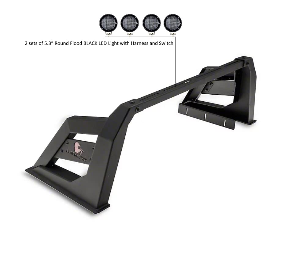 Armour Black Horse Roll Bar Incl. Set of 5.3" Dia.LED Lights w/Black Trim Rings Matte Black Compatible with 2015-2024 Chevrolet Colorado|2015-2024 GMC Canyon|2015-2024 Toyota Tacoma-RB-AR3B-PLFB