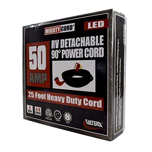 Valterra 90-Degree Mighty Cord® RV 50-Amp Detachable Power Cord, 25-Foot Cord for RV, Red
