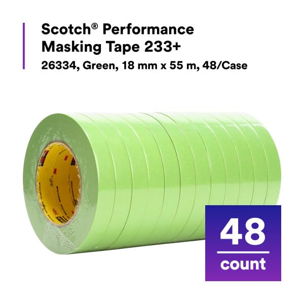 3M Scotch 233+ Performance Masking Tape, 26334, Green, 18 mm x 55 mm, Flexible, Moisture Resistant, Premium Paper Backing, 48 Rolls